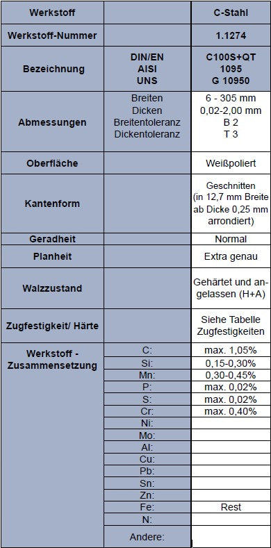 Federstahl 1.1274 - C-Stahl // L: 1000mm - B: 305mm